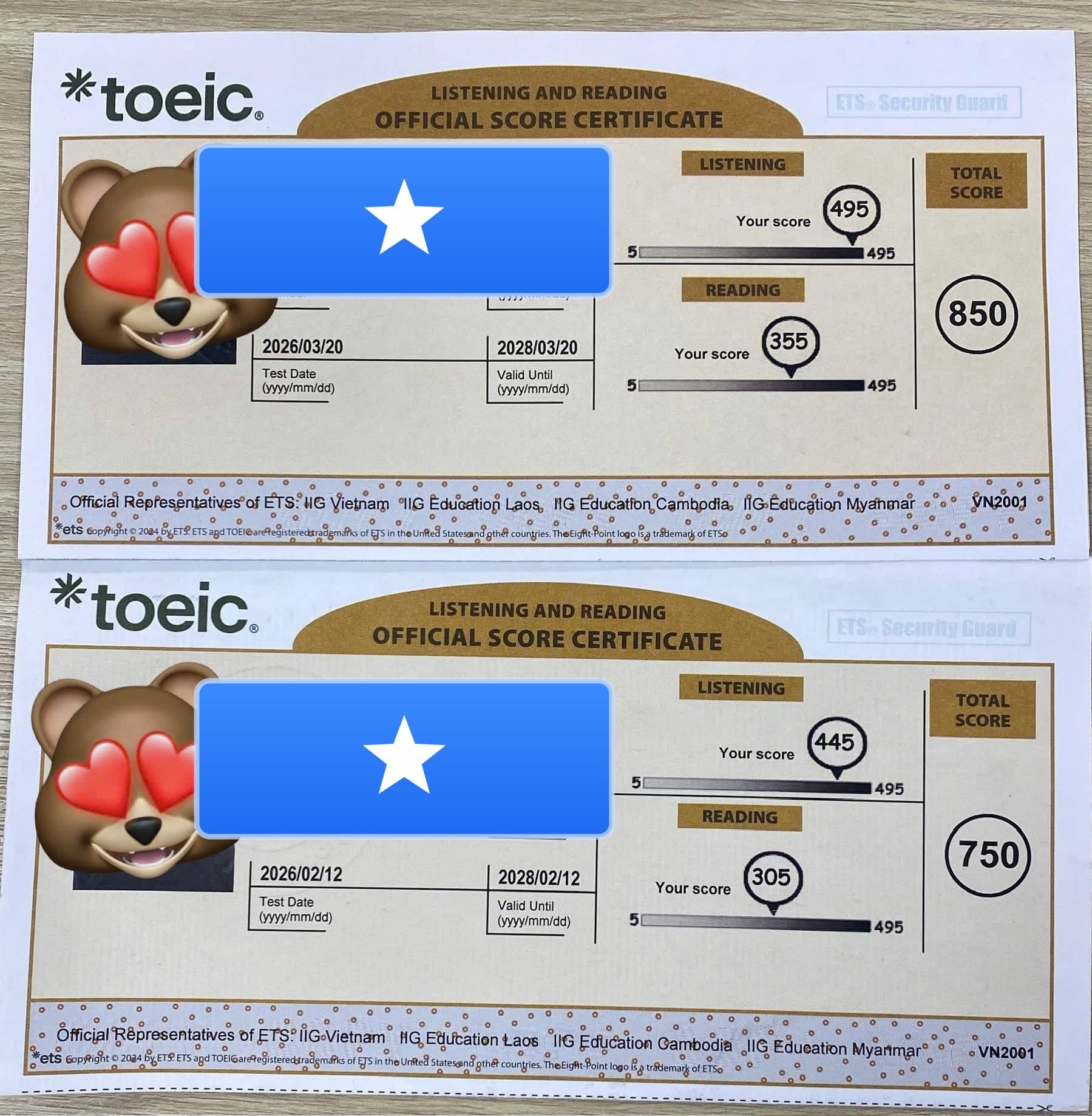 Chứng chỉ TOEIC của học viên N.H.G.Huy, tăng từ 750 lên 850