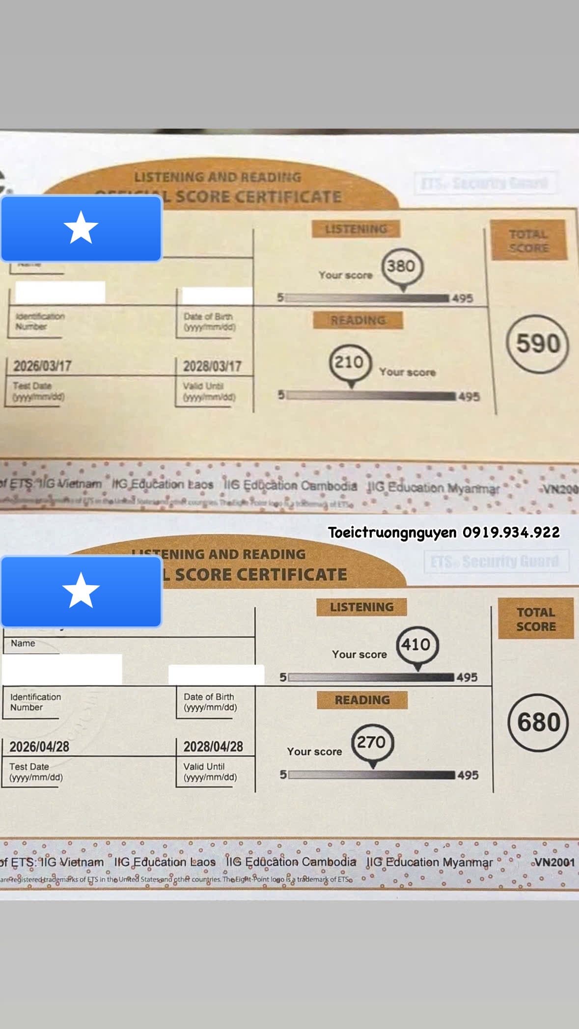 Chứng chỉ TOEIC của học viên L.T.My, tăng từ 590 lên 680