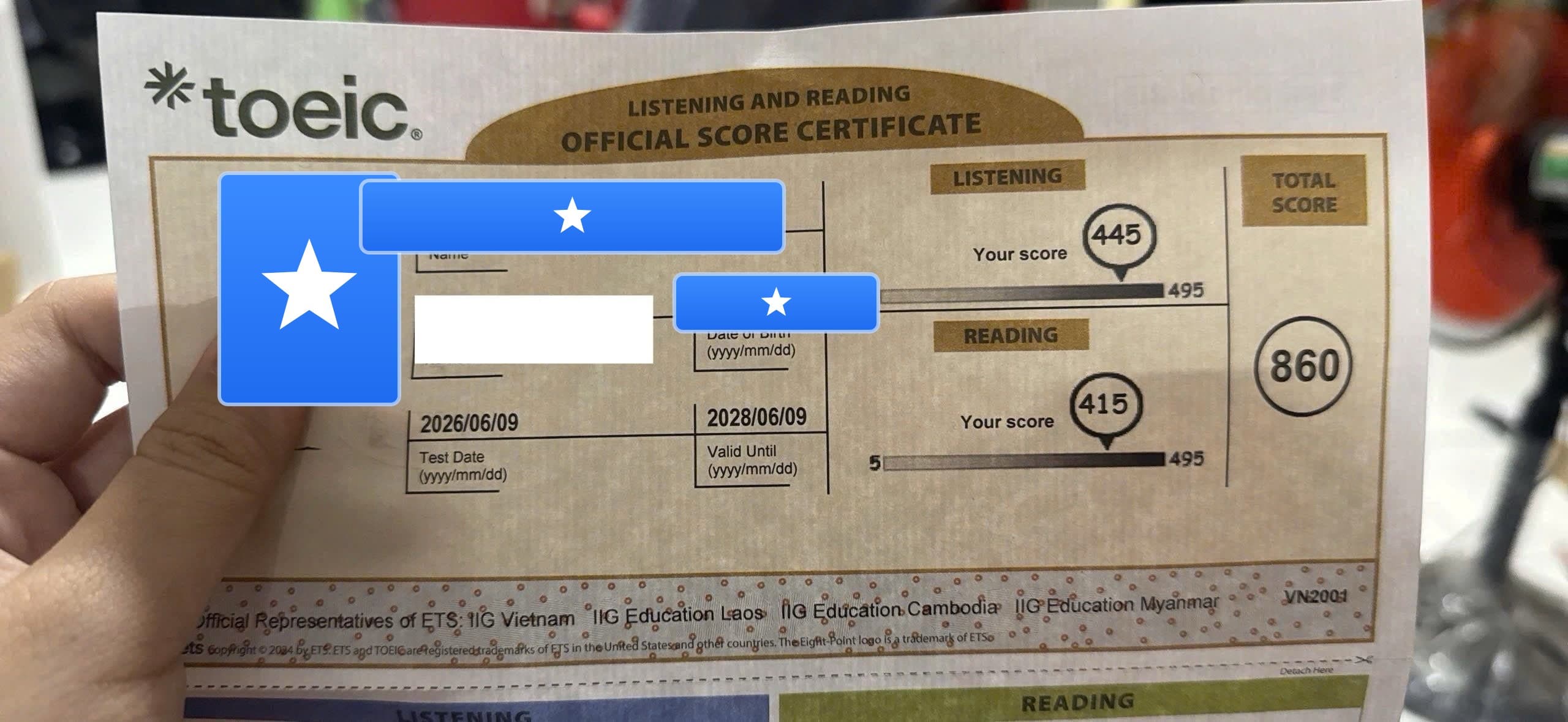 Chứng chỉ TOEIC tổng điểm 860 của học viên H.D.N.Hân